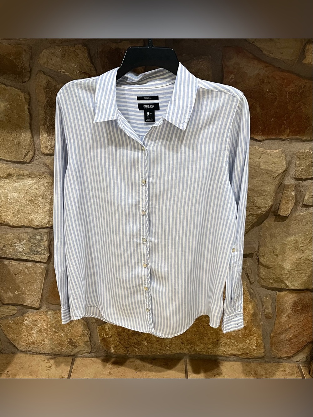 Jones & Co New York Striped Linen Blouse Small Button Up Crisp Blue & White